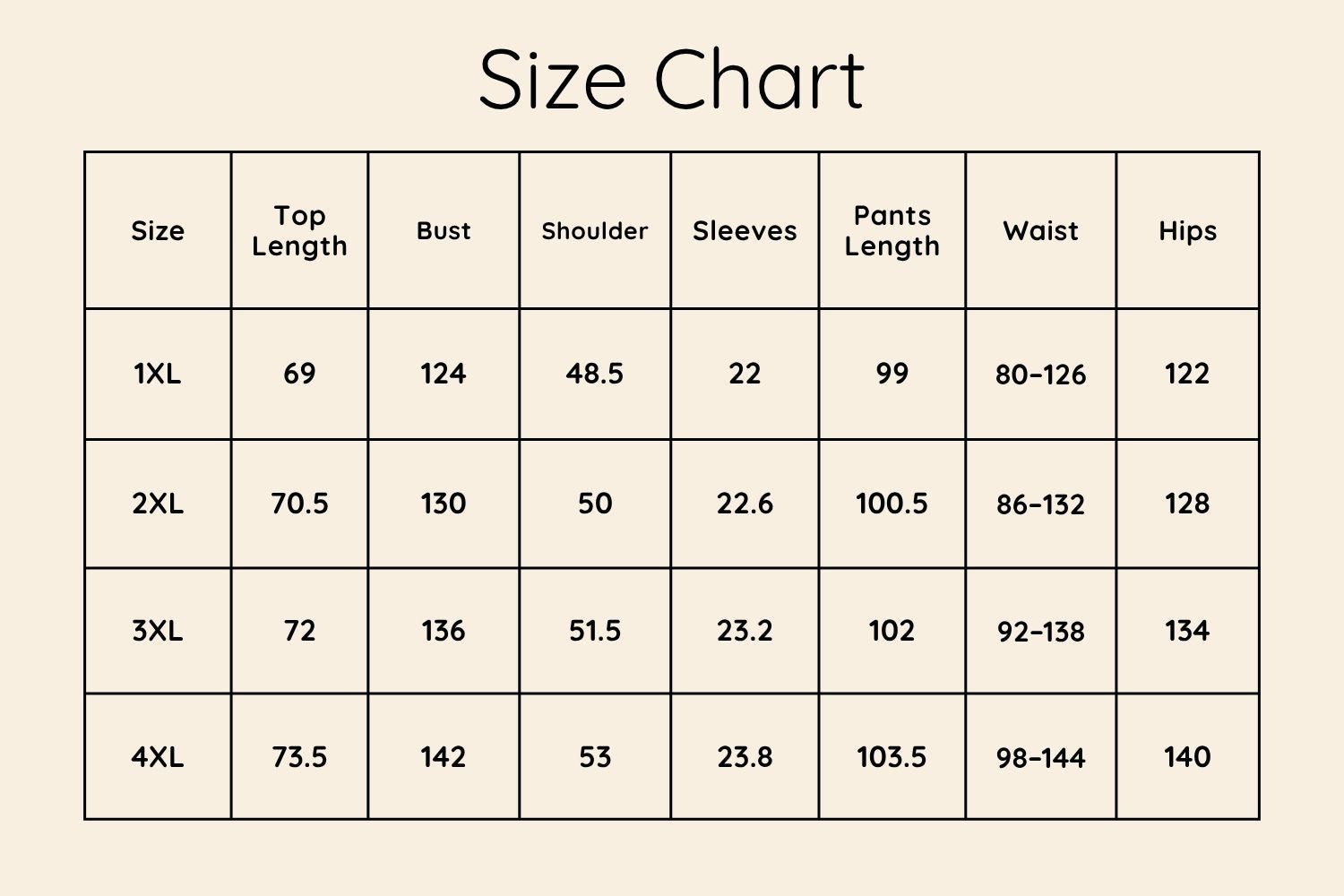 Size Chart CM