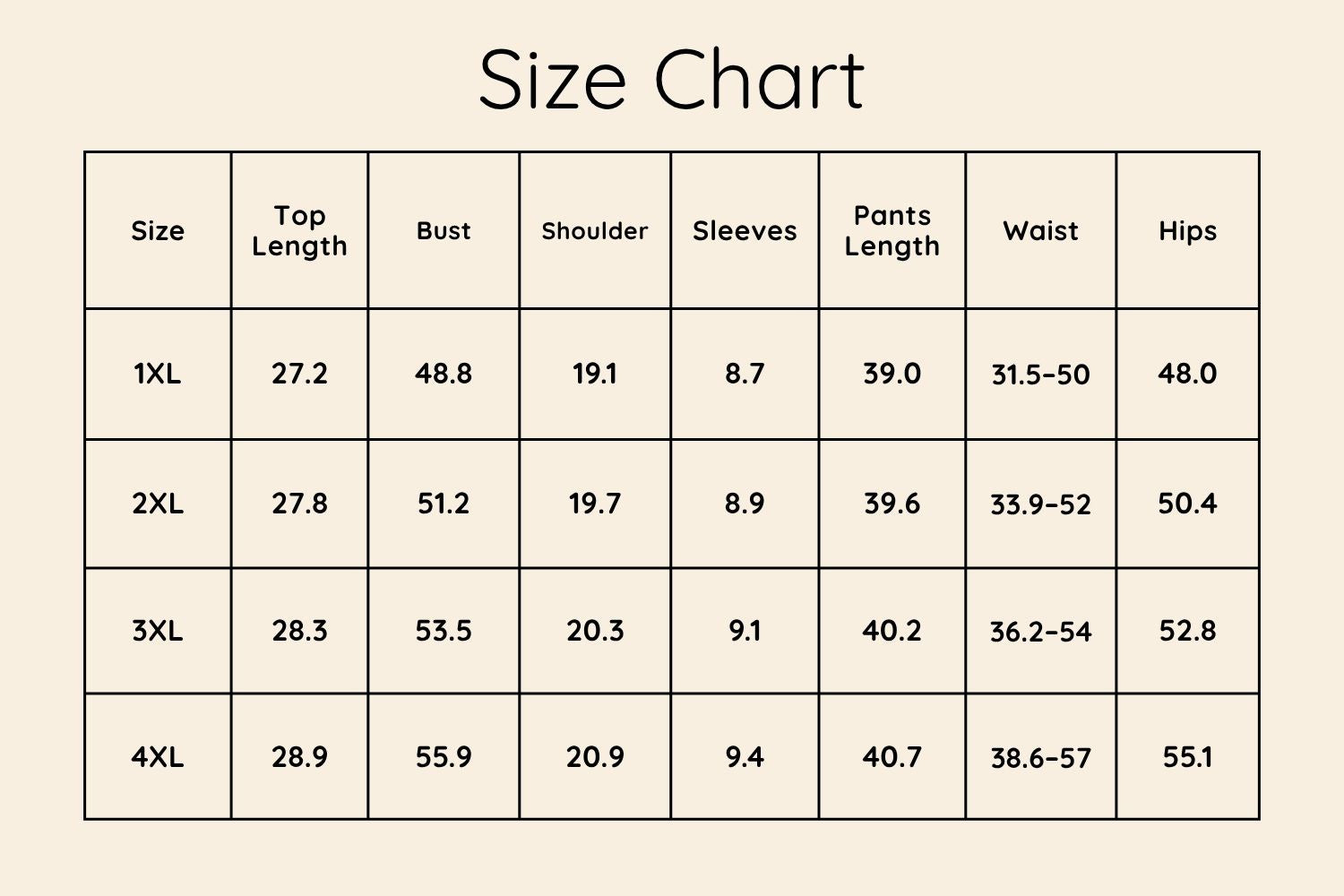 Size Chart Inches