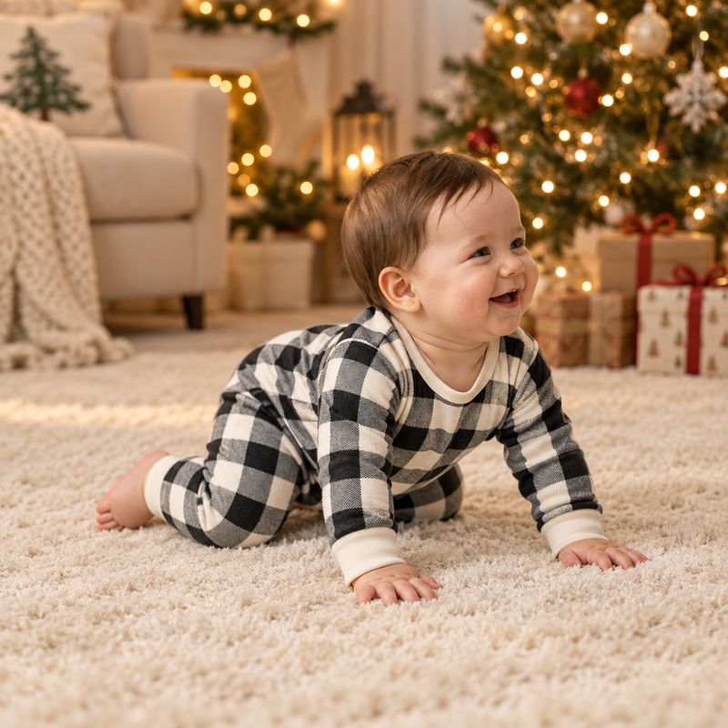 Black & Cream Plaid Bear Family Matching Pajamas