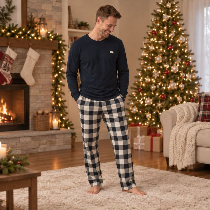 Black & Cream Plaid Bear Family Matching Pajamas