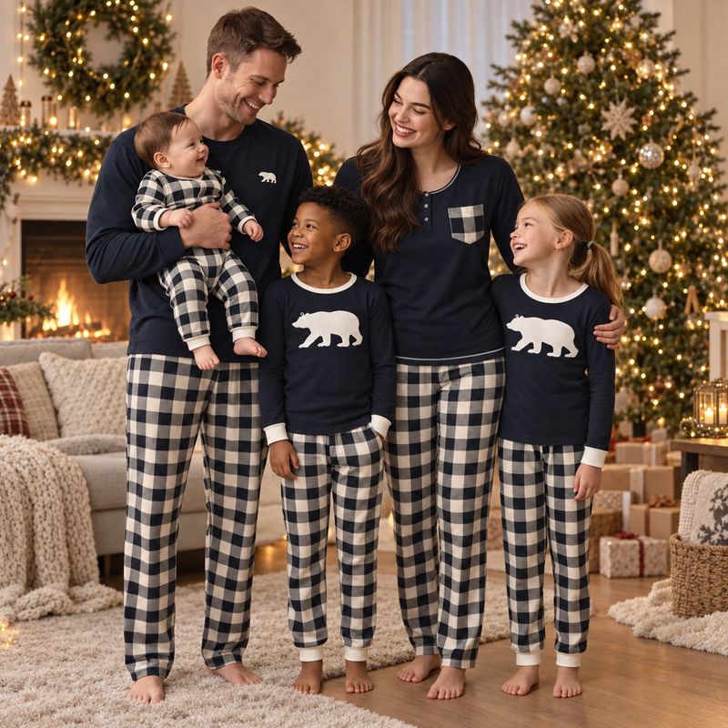 Black & Cream Plaid Bear Family Matching Pajamas