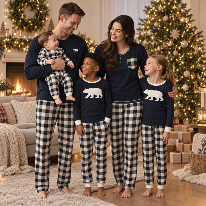 Black & Cream Plaid Bear Family Matching Pajamas