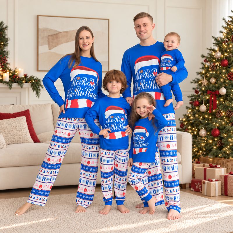 Blue Merry Family Christmas Pyjamas Set