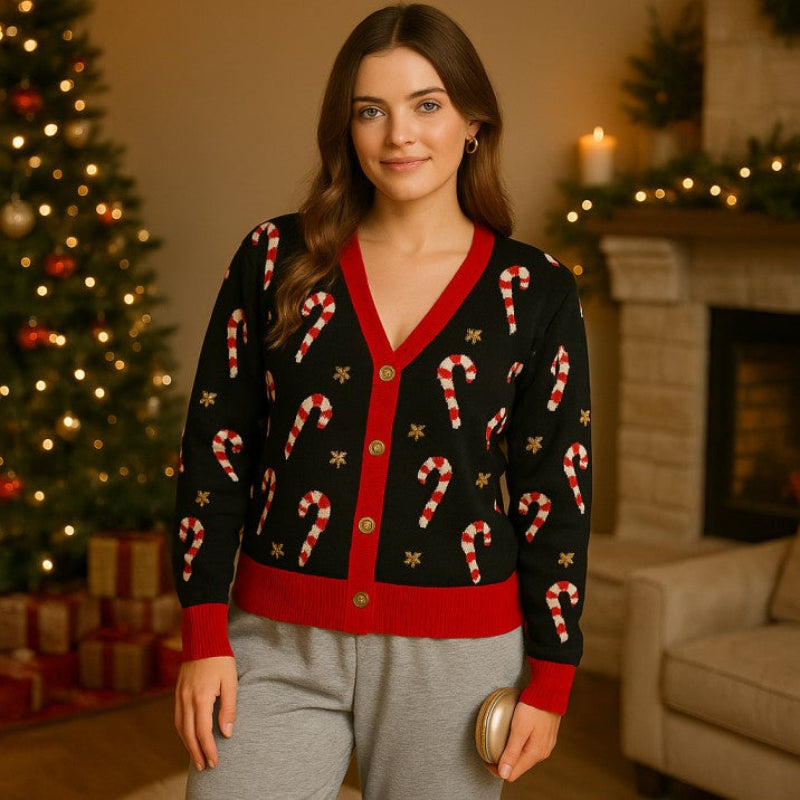 Candy Cane Buttoned Women Christmas Ugly Sweater