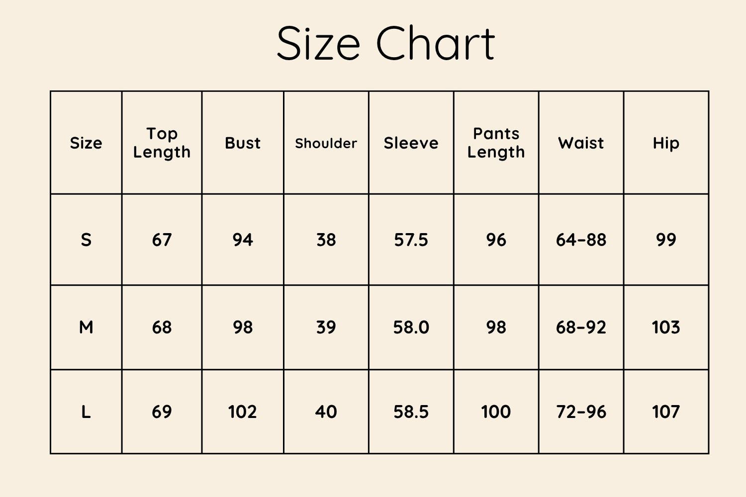 Size Chart CM