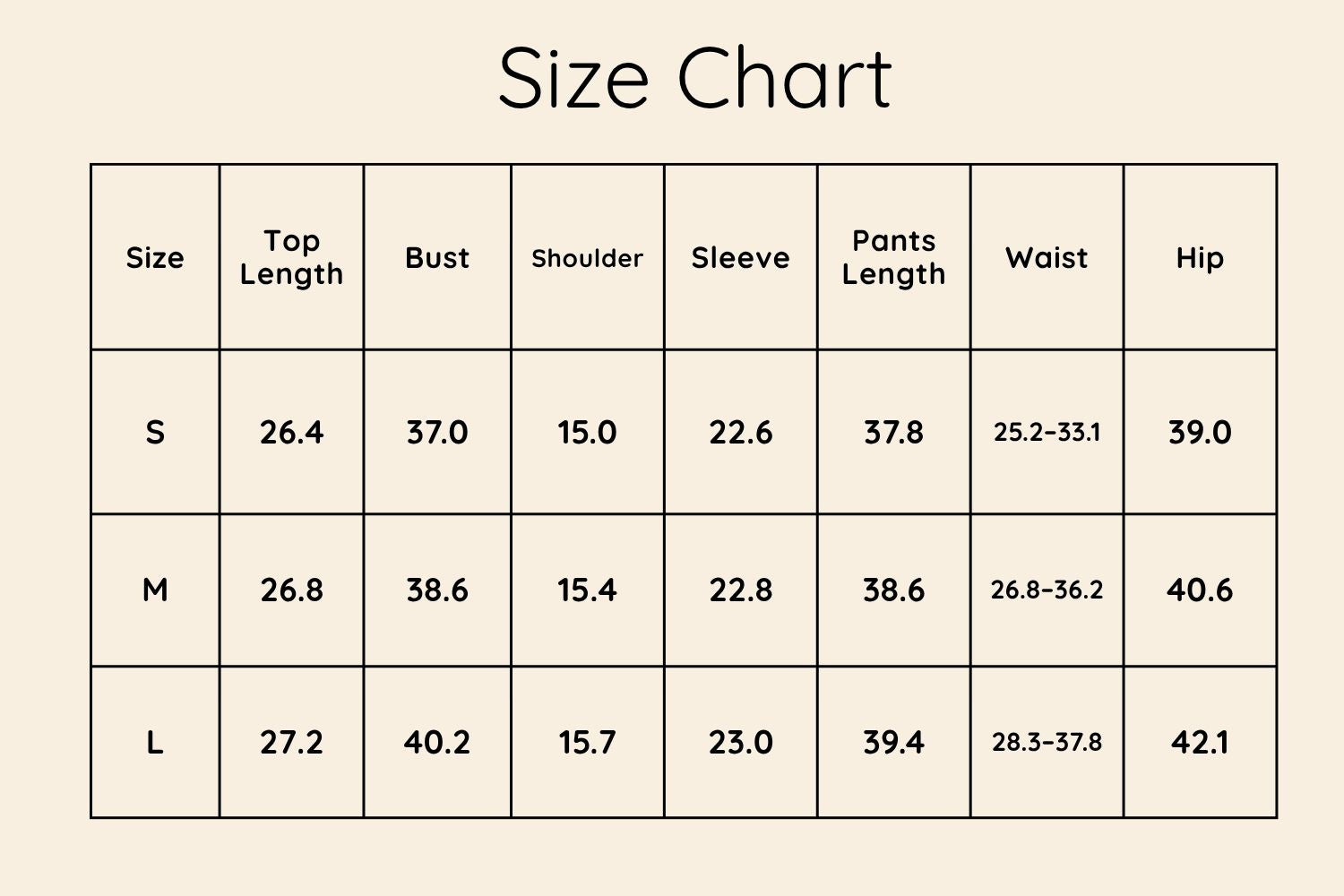 Size Chart Inches