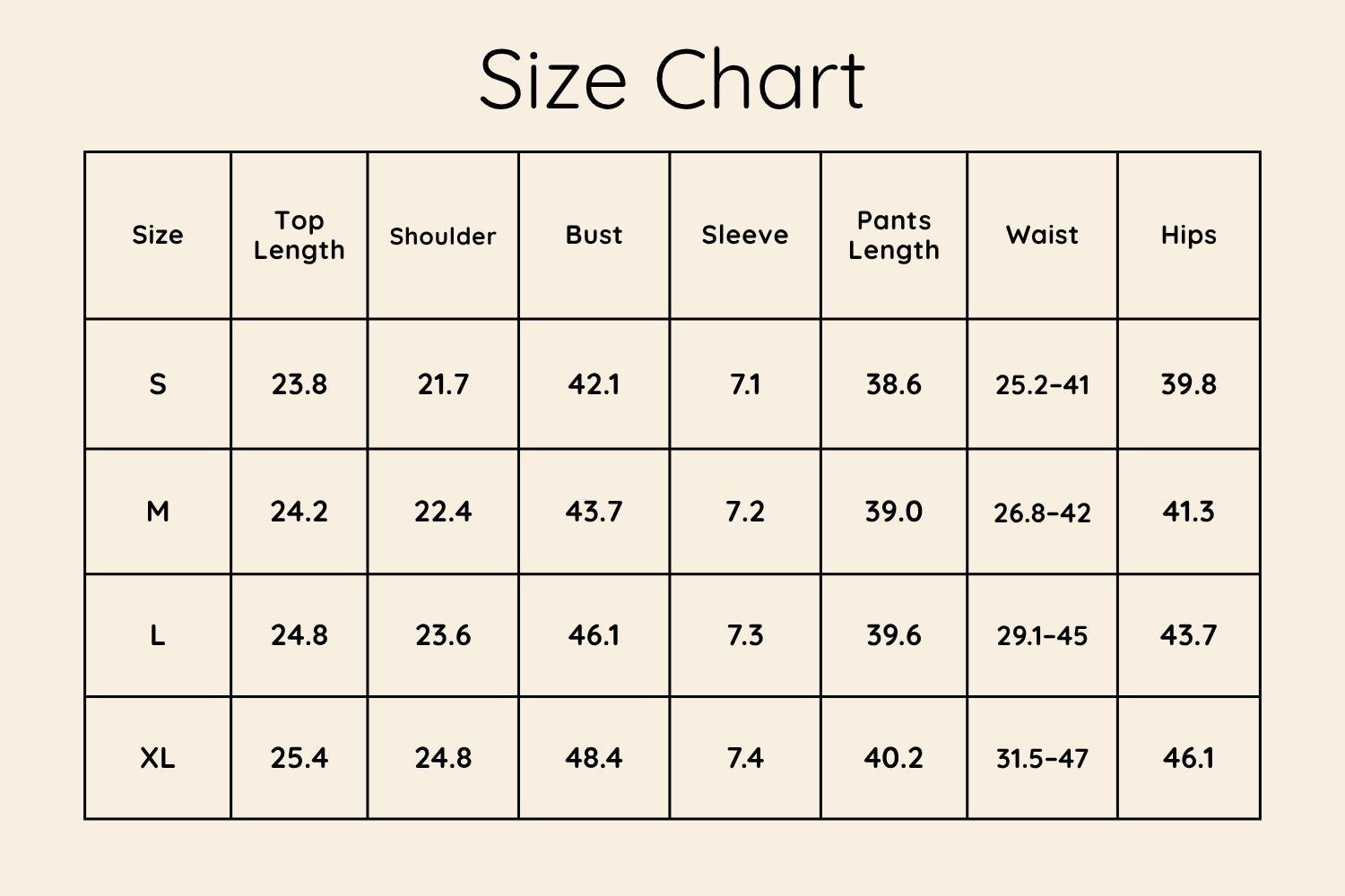Size Chart Inches