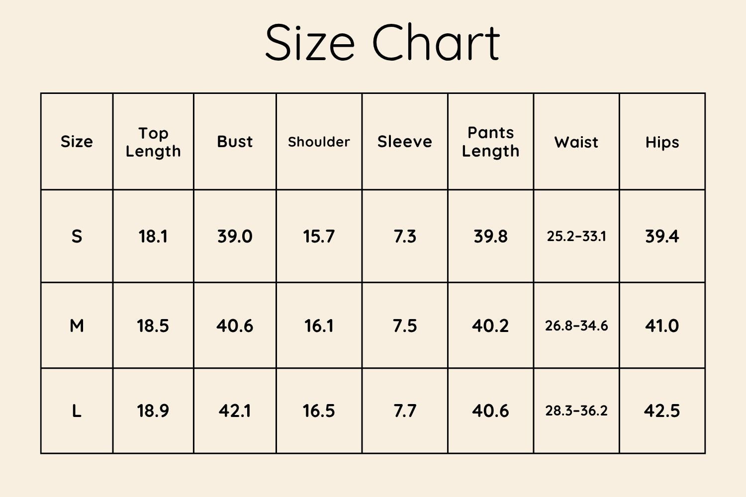 Size Chart Inches