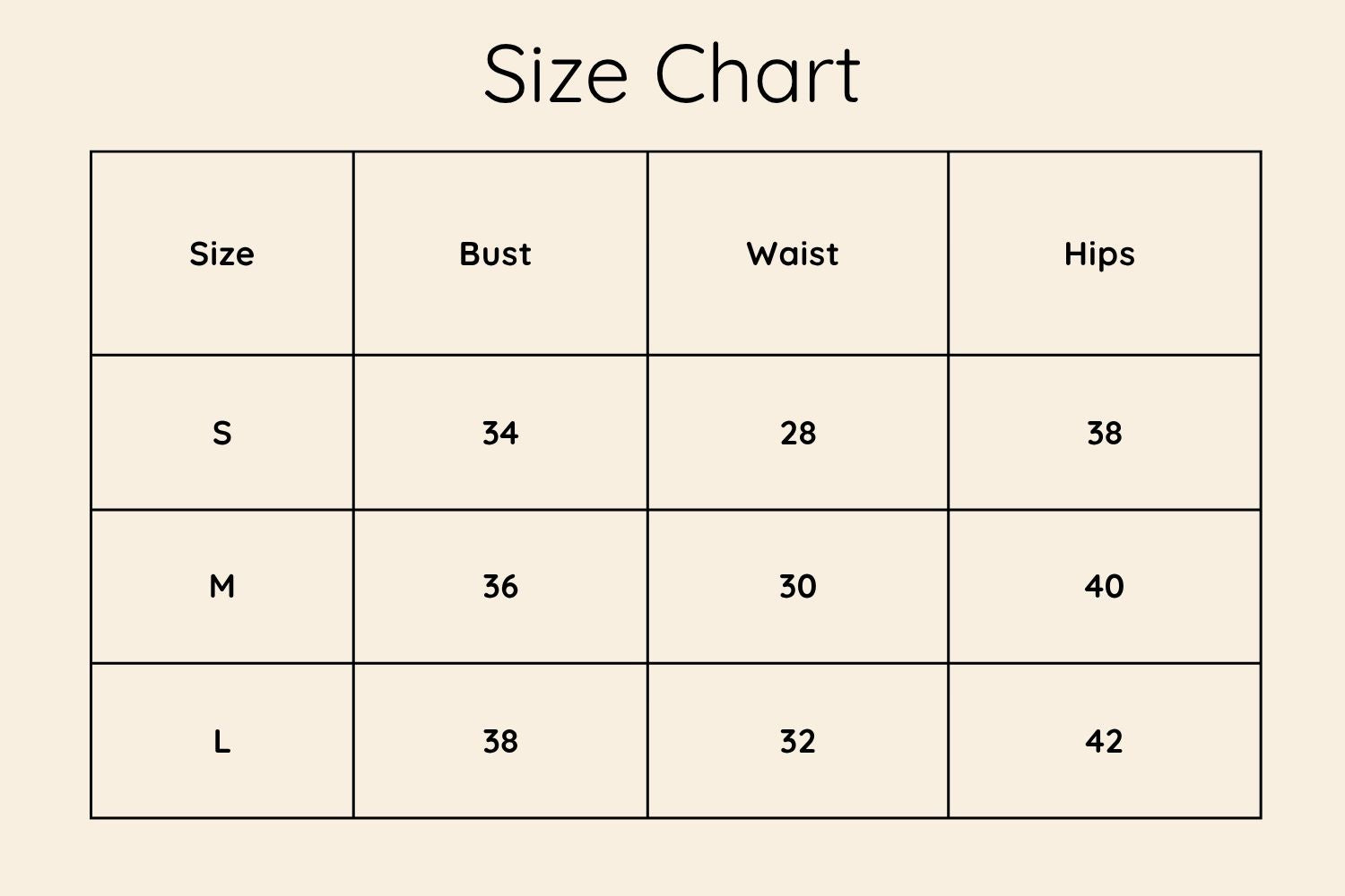 Size Chart Inches