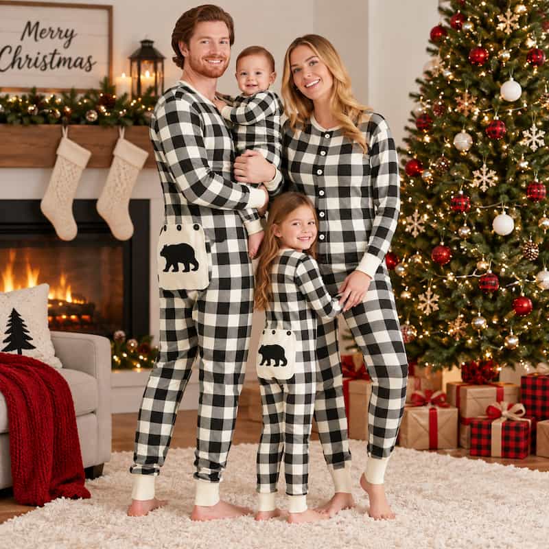 Cream and Black Plaid Family Matching Christmas Jumpsuits