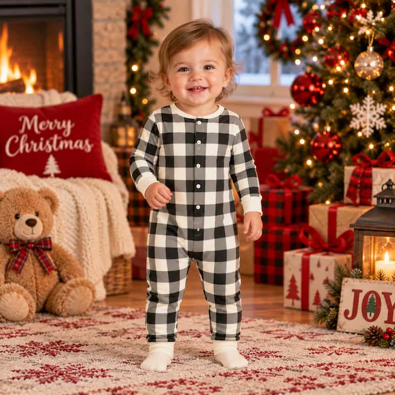 Cream and Black Plaid Family Matching Christmas Jumpsuits