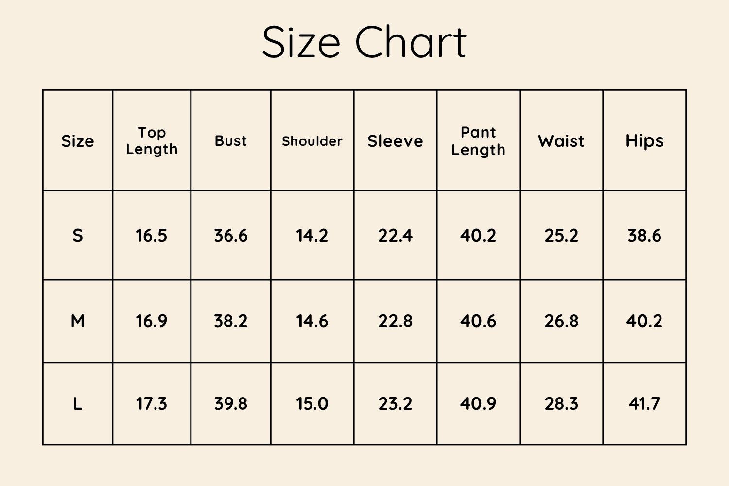 Size Chart Inches