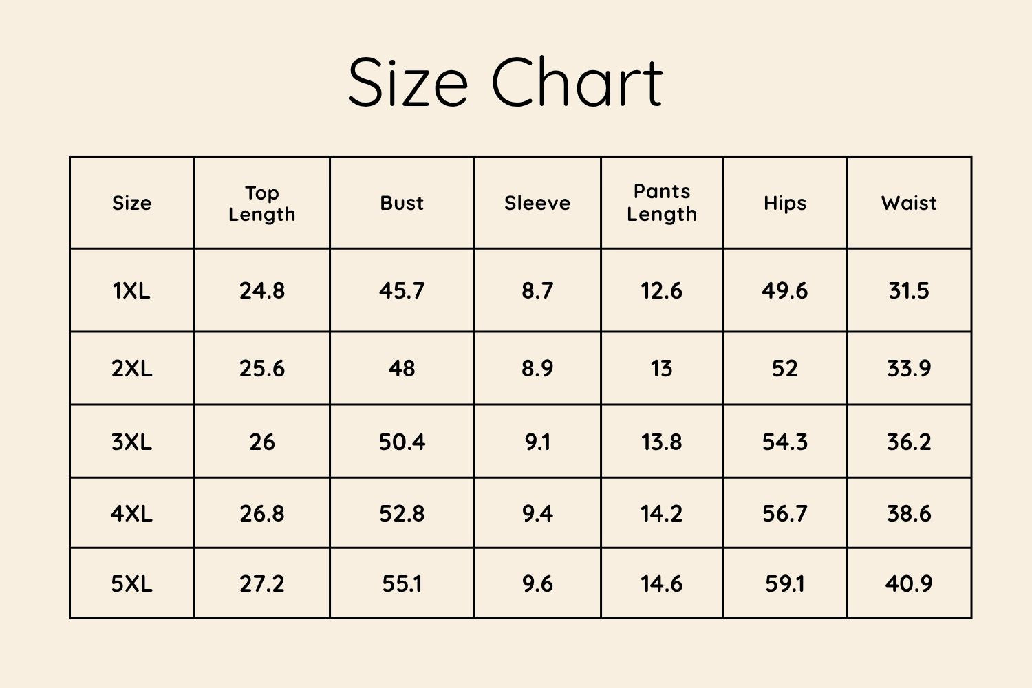 Size Chart Inches