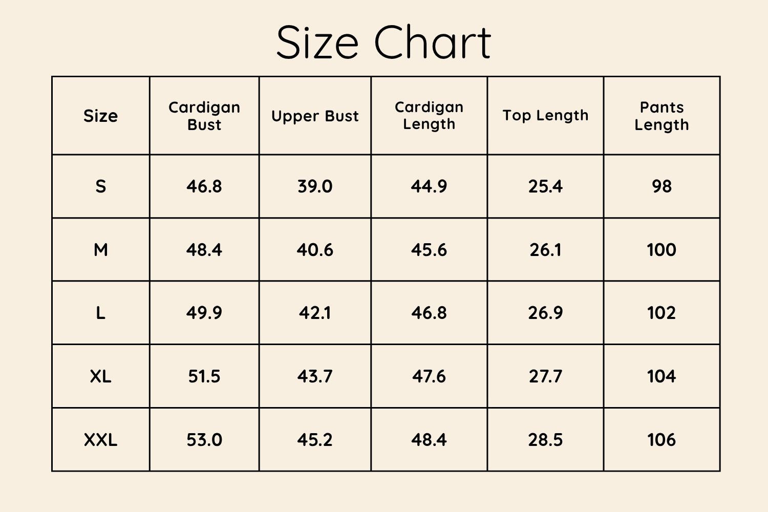 Size Chart Inches