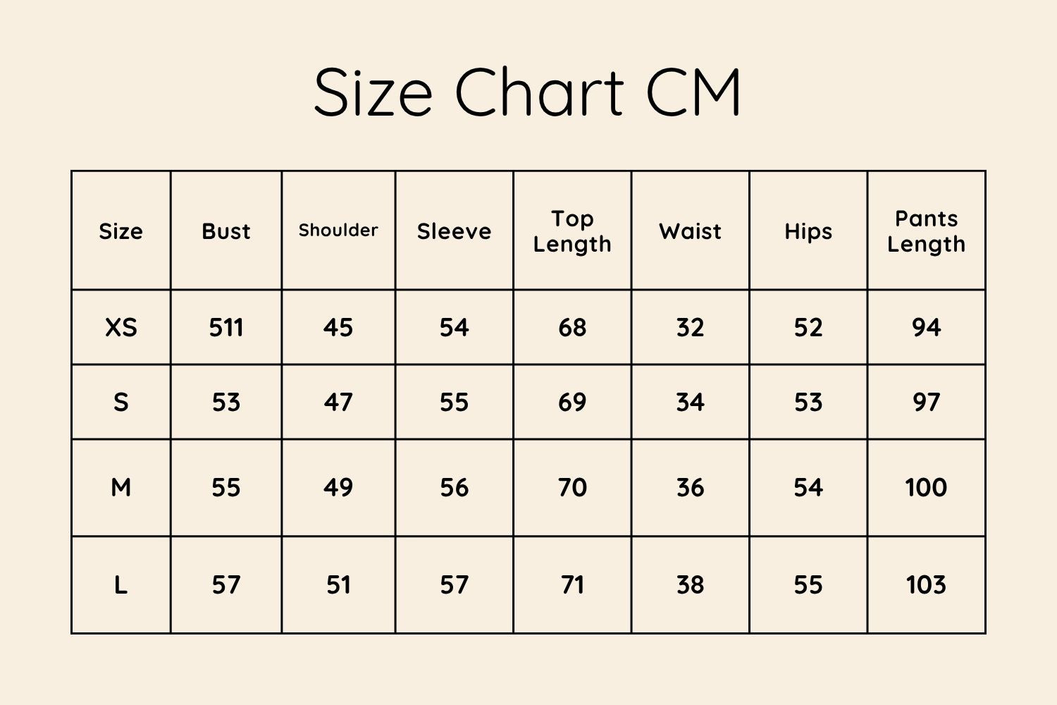 Size Chart CM