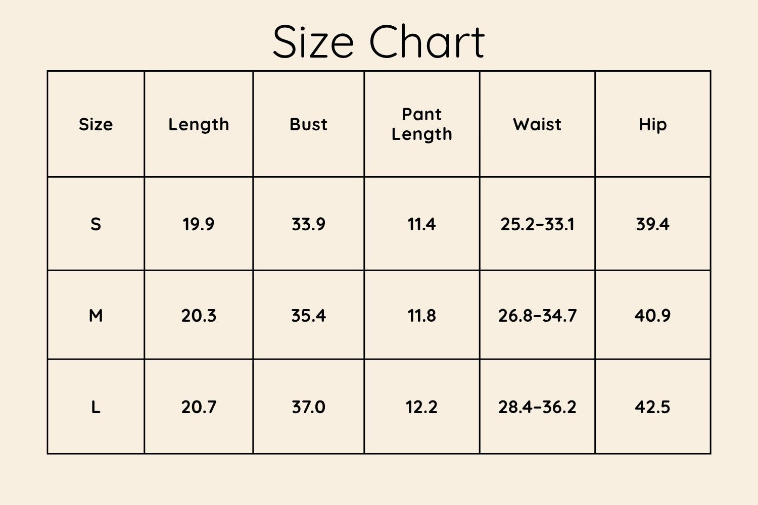 Size Chart Inches