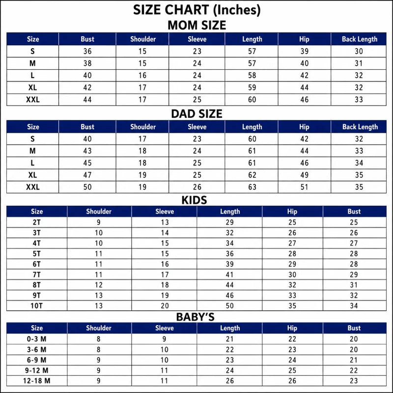 Size Chart Inches