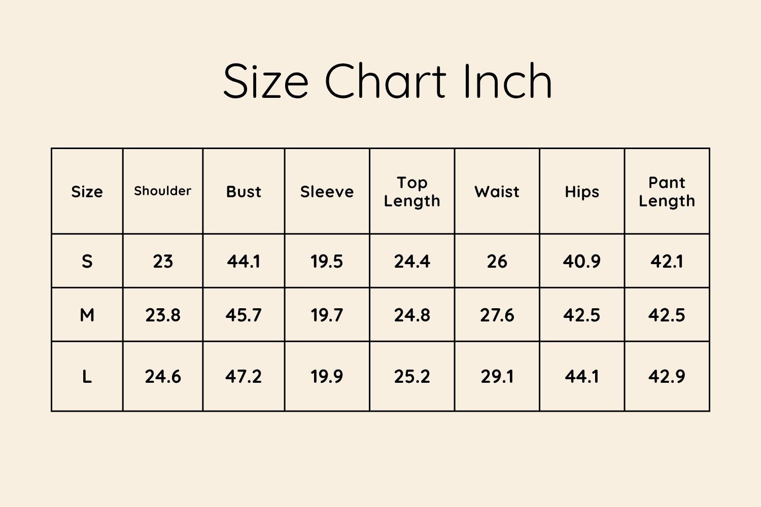 Size Chart Inches