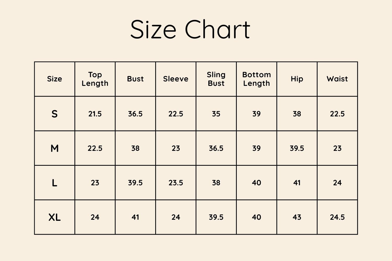 Size Chart Inches