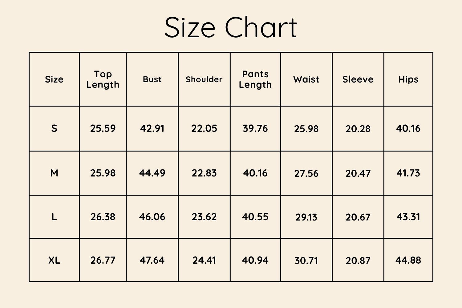 Size Chart Inches