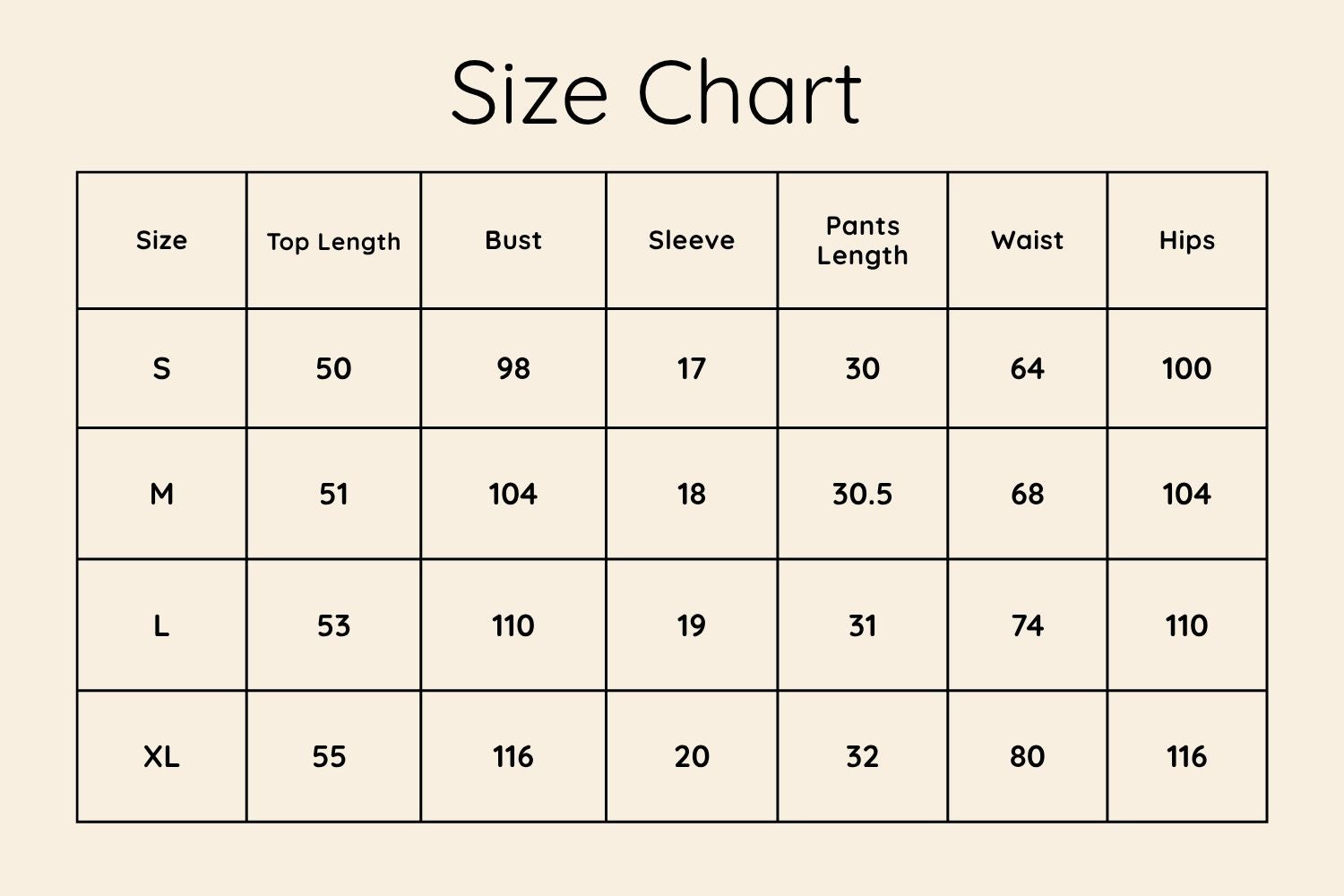 Size Chart CM
