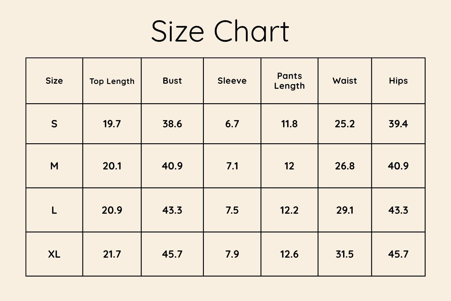 Size Chart Inches