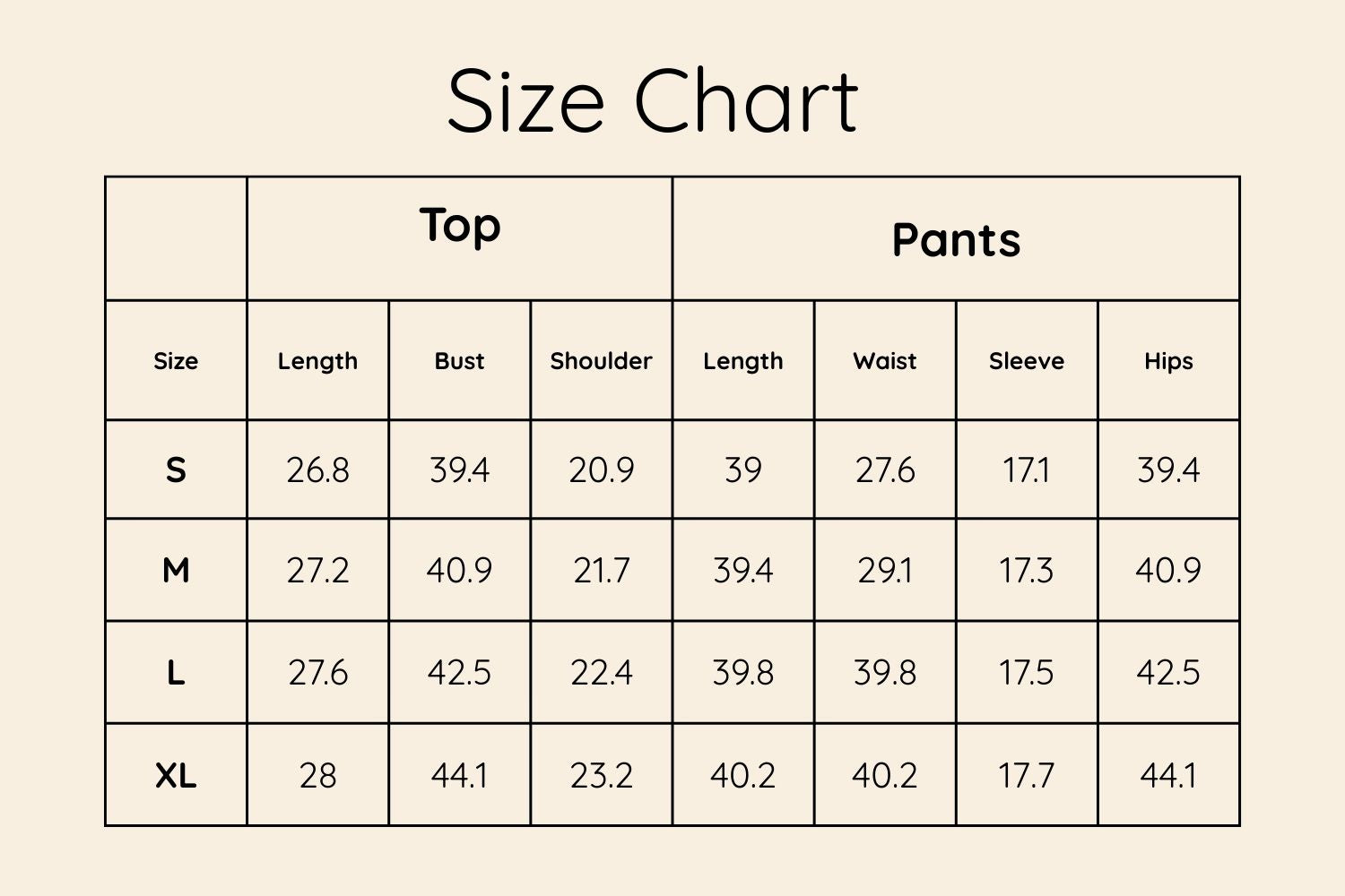 Size Chart Inches