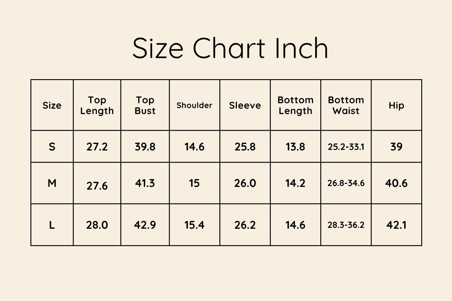 Size Chart Inches