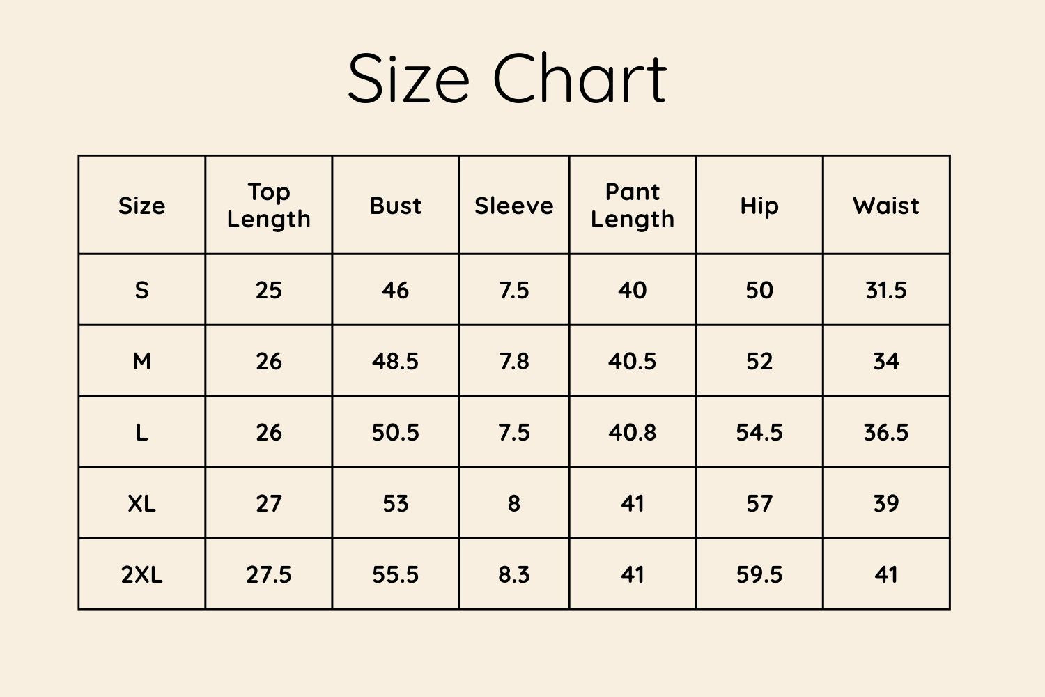 Size Chart Inches
