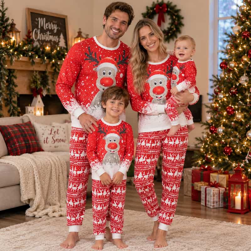 A family of four wearing matching red and white Christmas pajamas stands in a decorated living room with a Christmas tree, fireplace, and holiday decorations. The pajamas feature a large reindeer face on the chest and red holiday patterns on the legs.