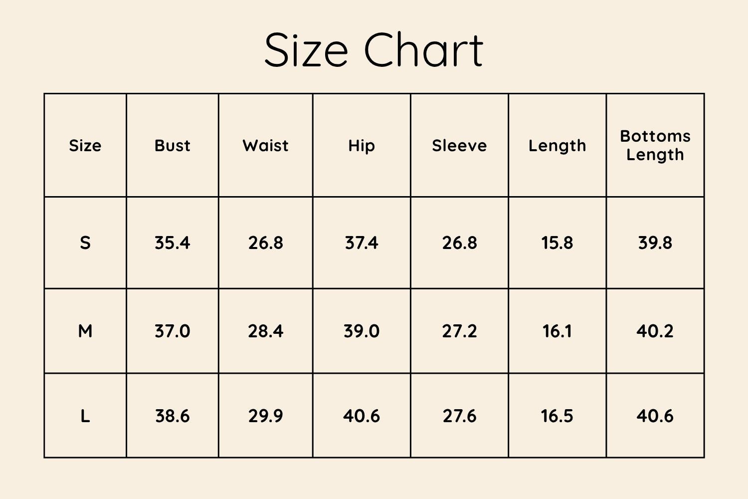Size Chart Inches