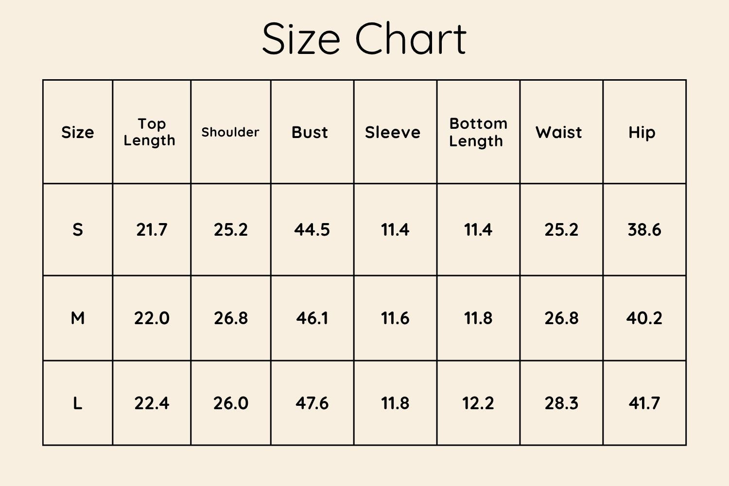 Size Chart Inches