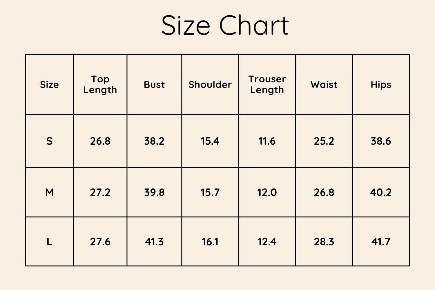 Size Chart Inches