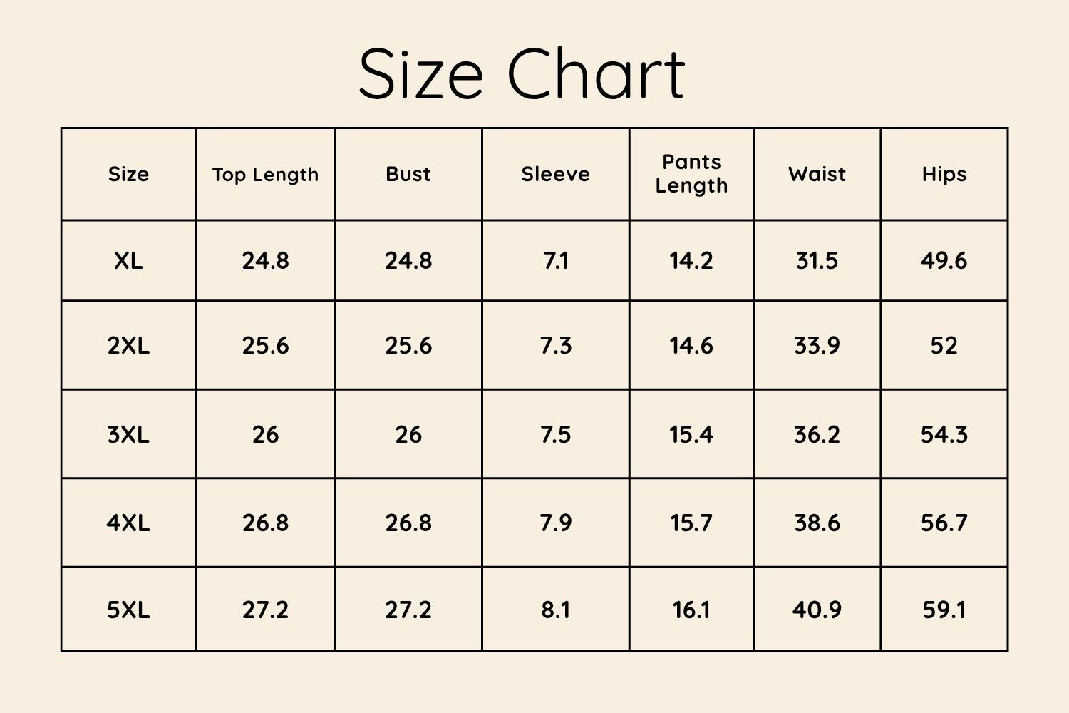 Size Chart Inches