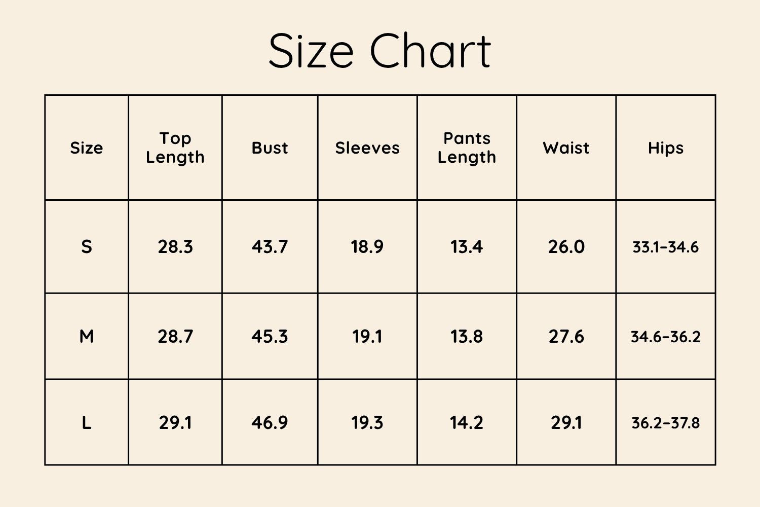 Size Chart Inches
