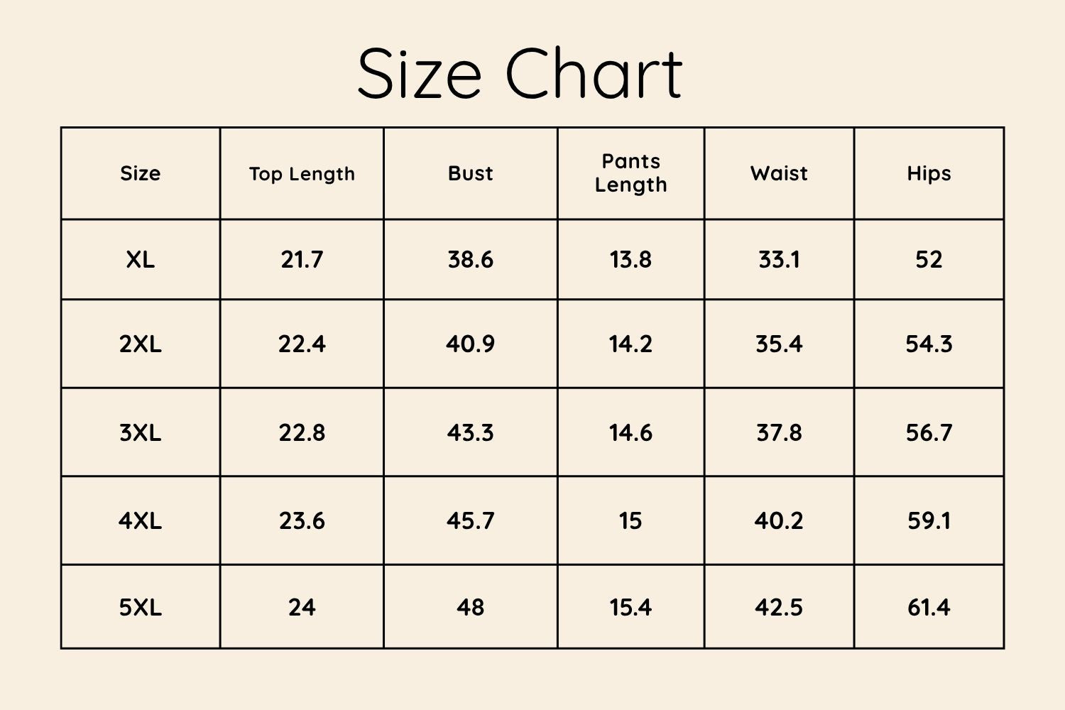 Size Chart Inches