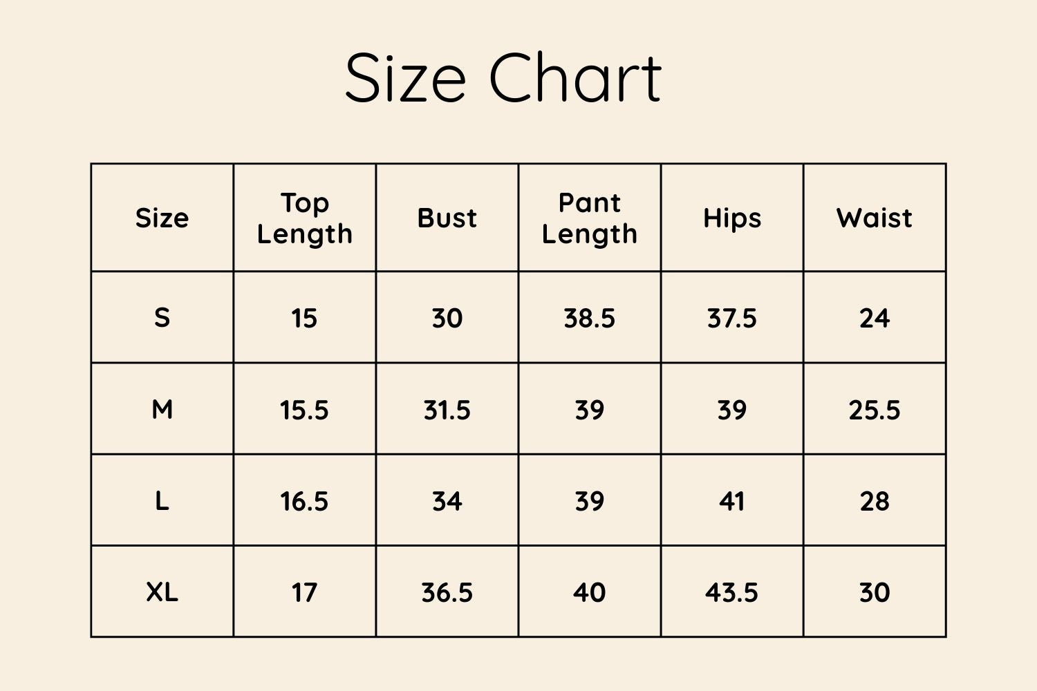Size Chart Inches