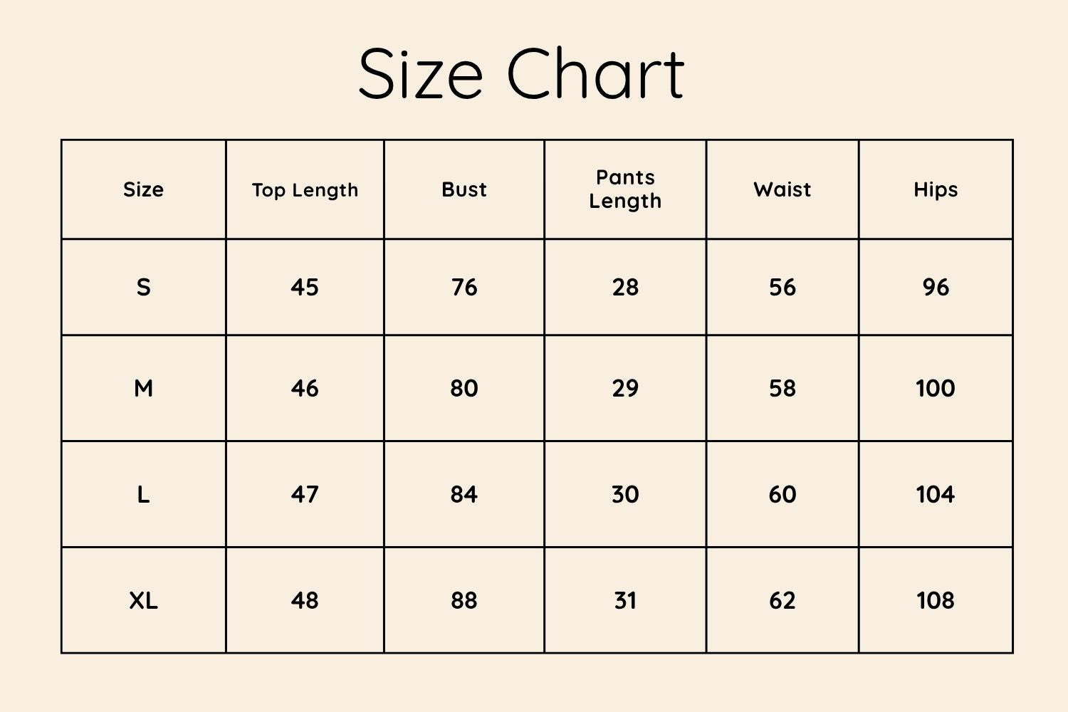 Size Chart CM
