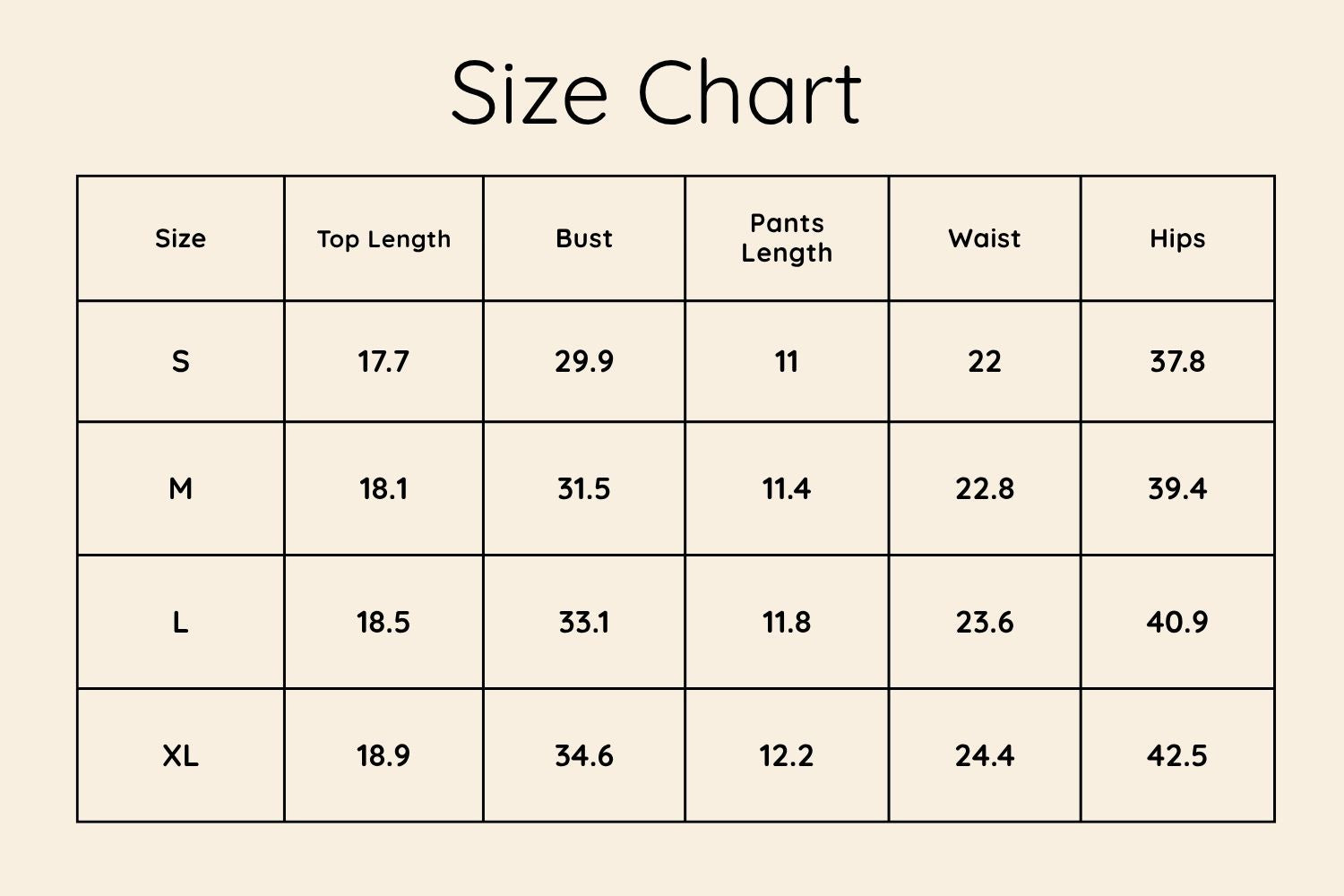 Size Chart Inches