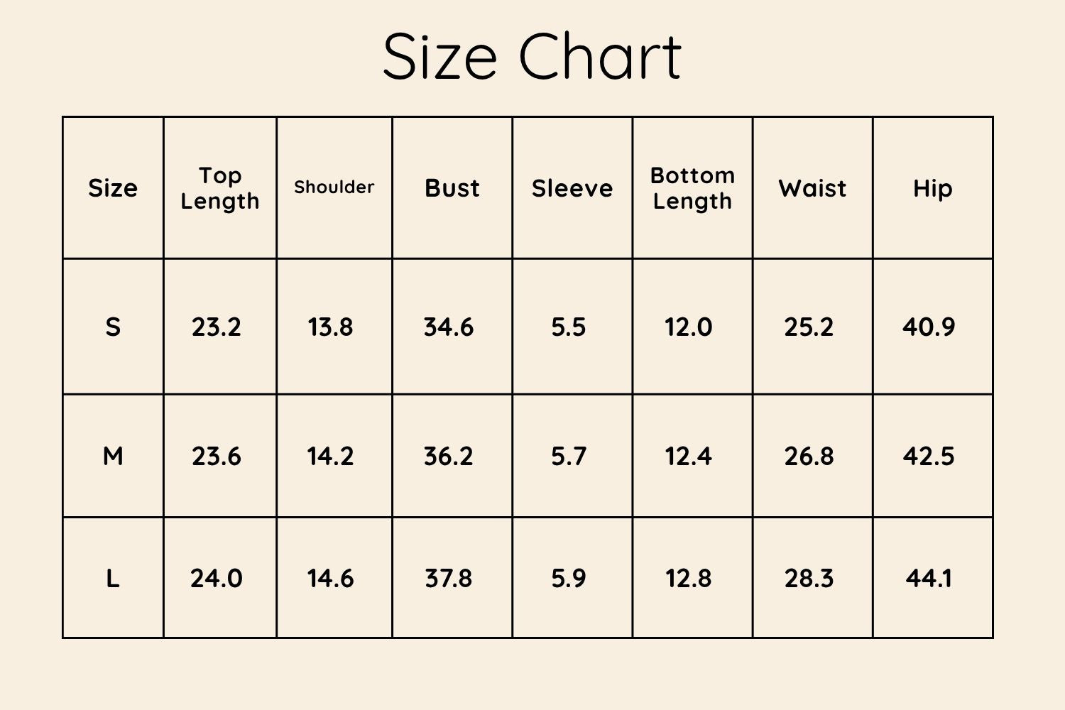 Size Chart Inches