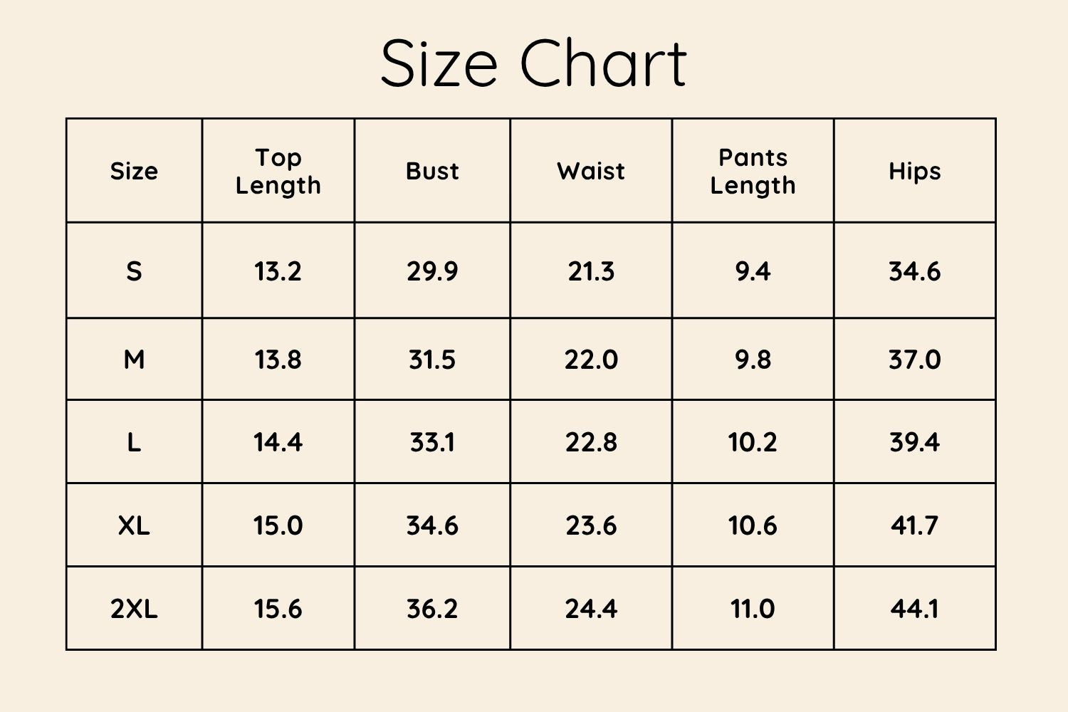 Size Chart Inches
