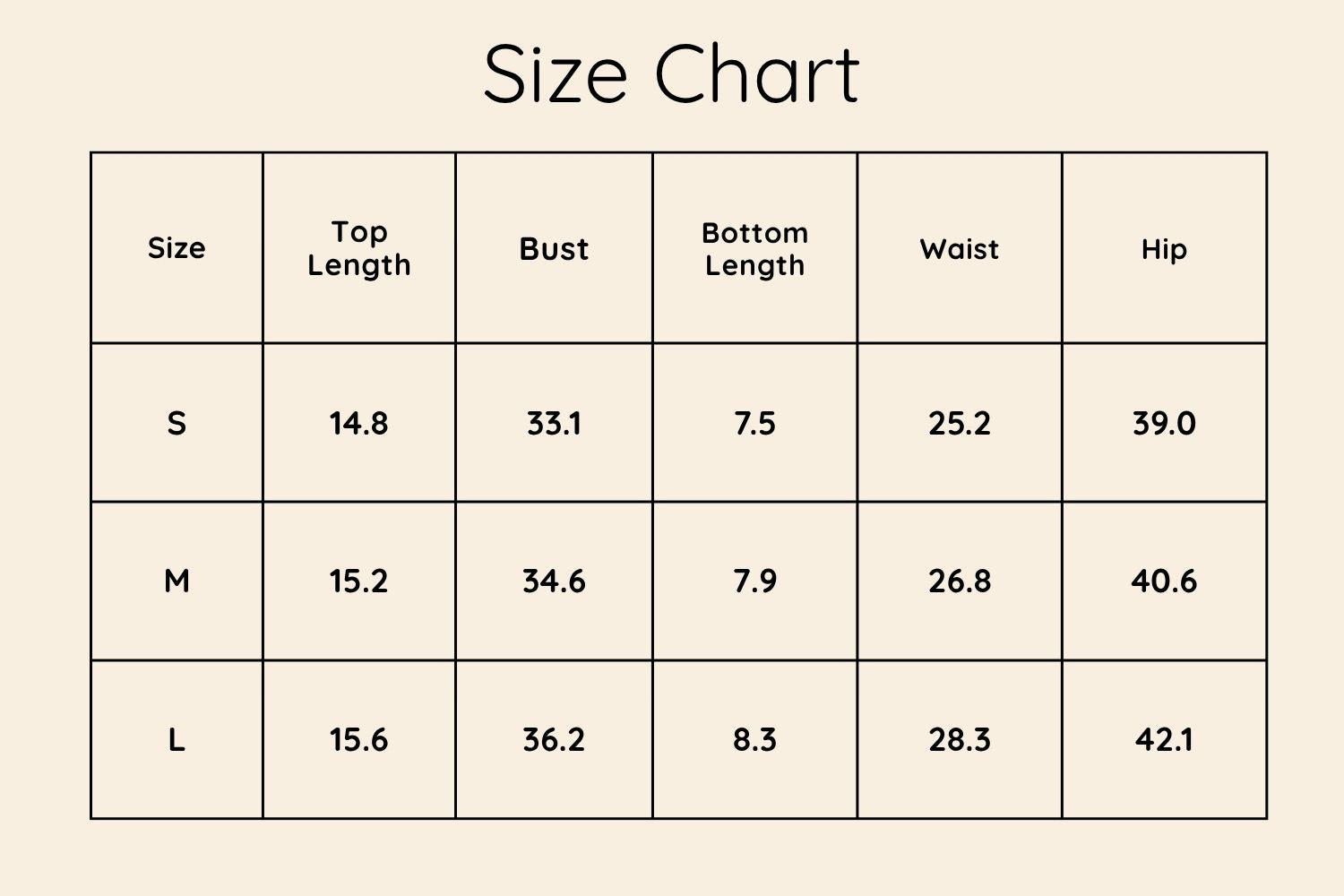 Size Chart Inches