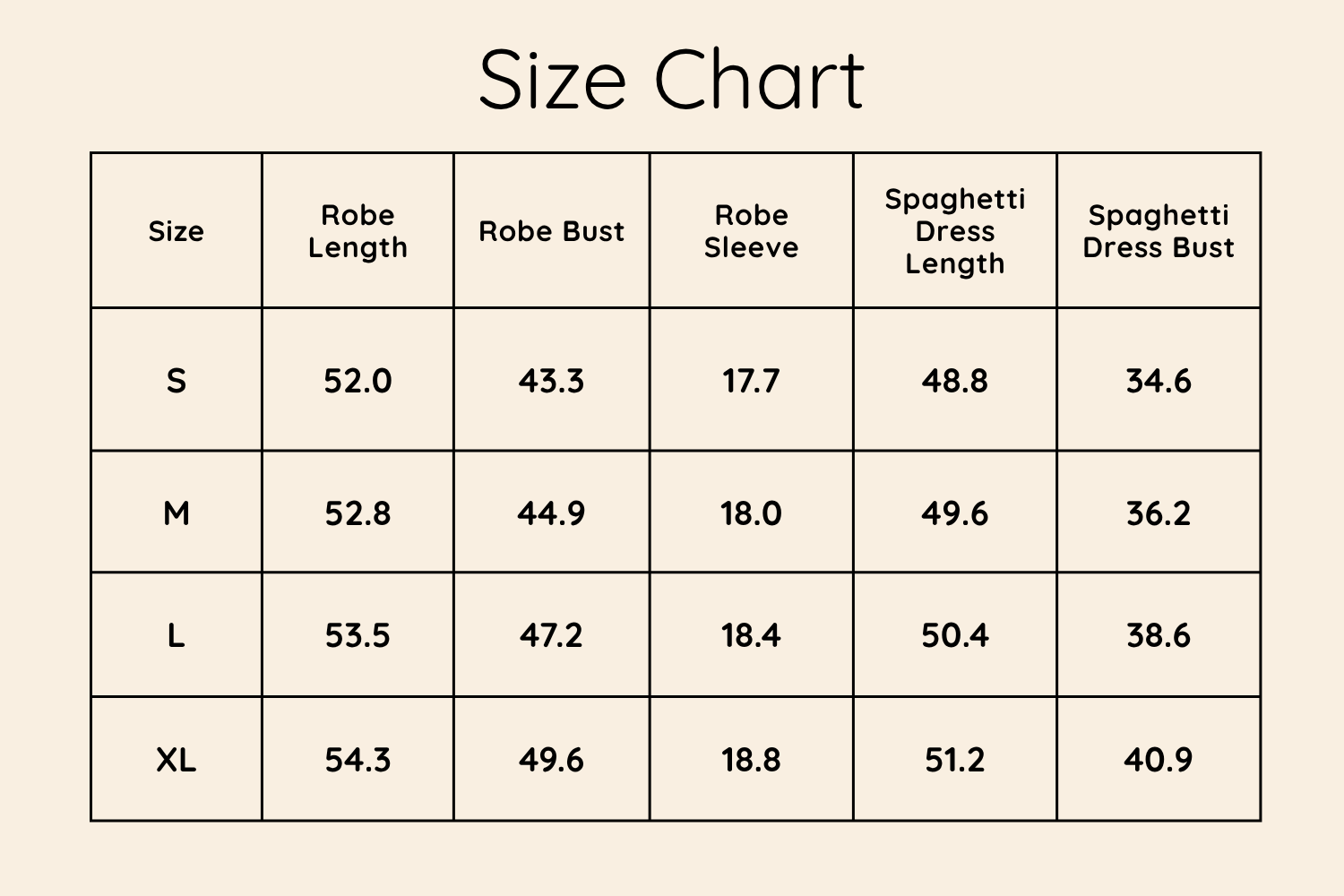 Size Chart Inches