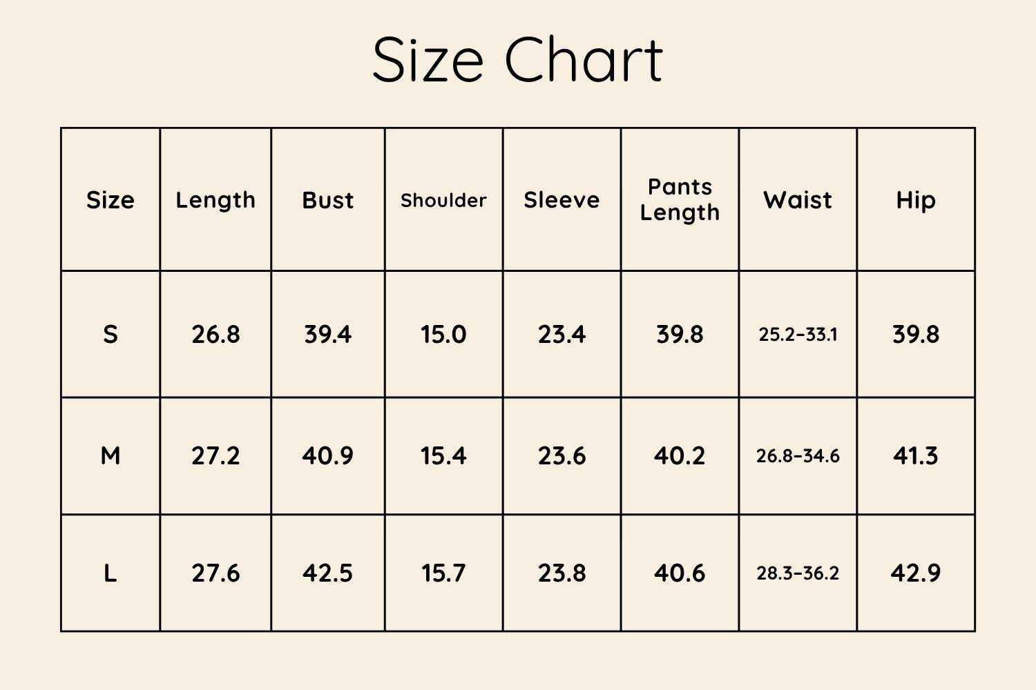 Size Chart Inches