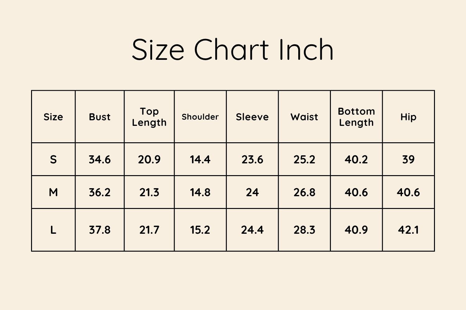 Size Chart Inches