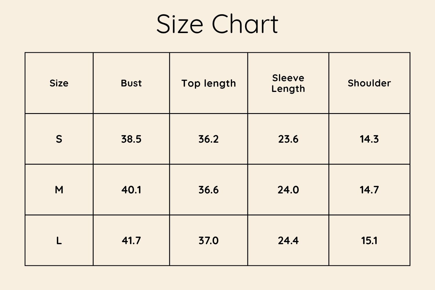 Size Chart Inches