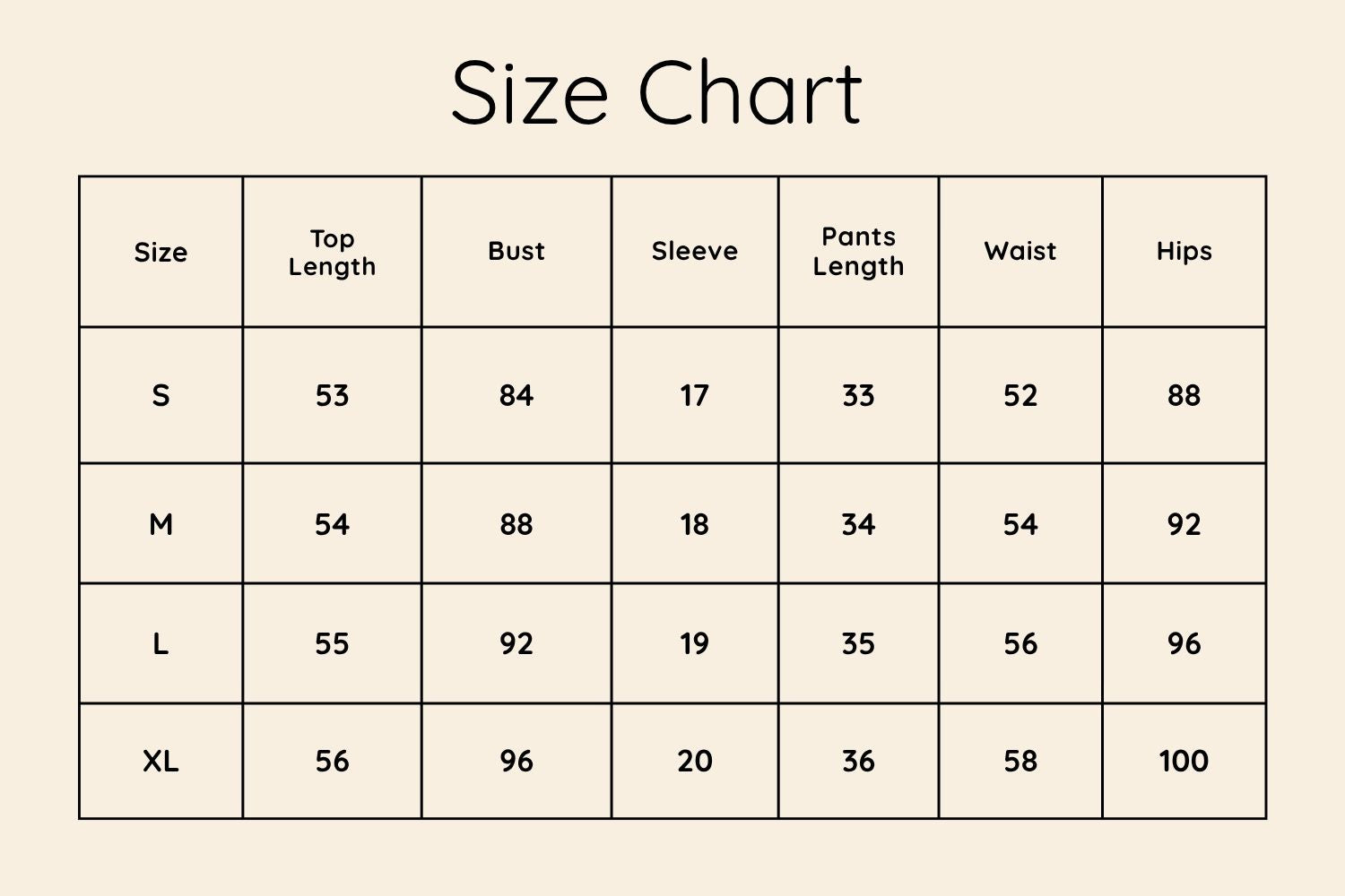 Size Chart CM