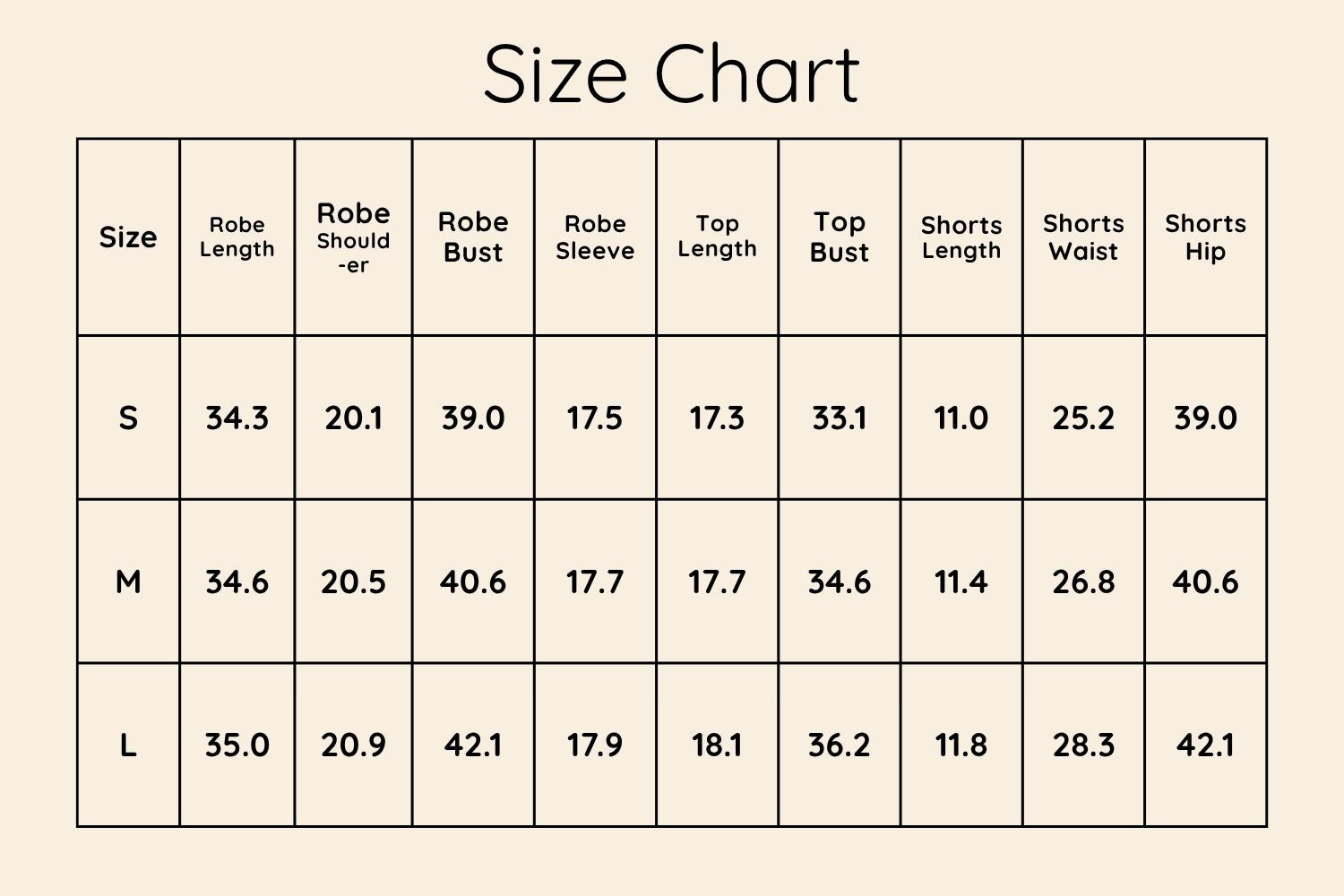 Size Chart Inches