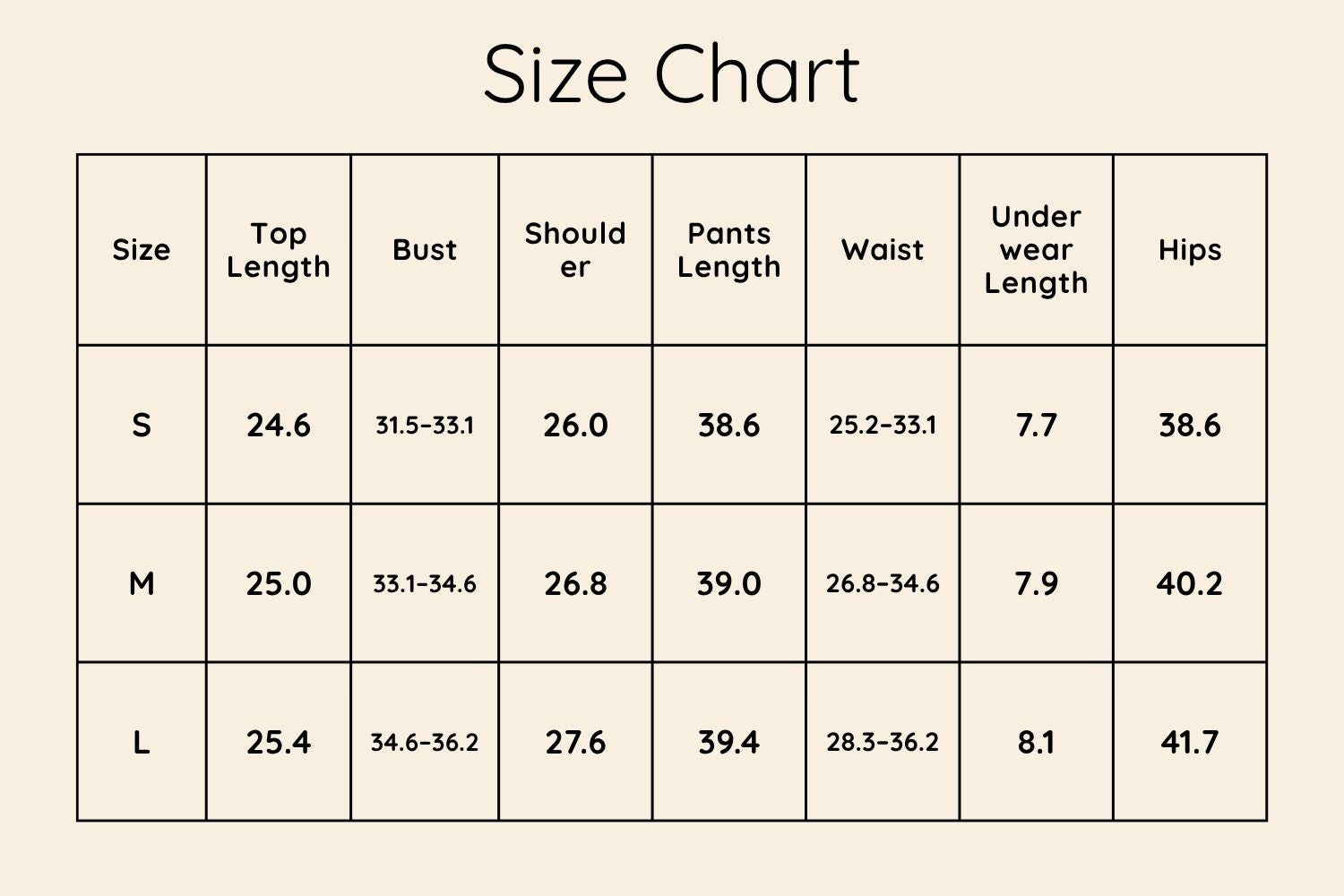 Size Chart Inches