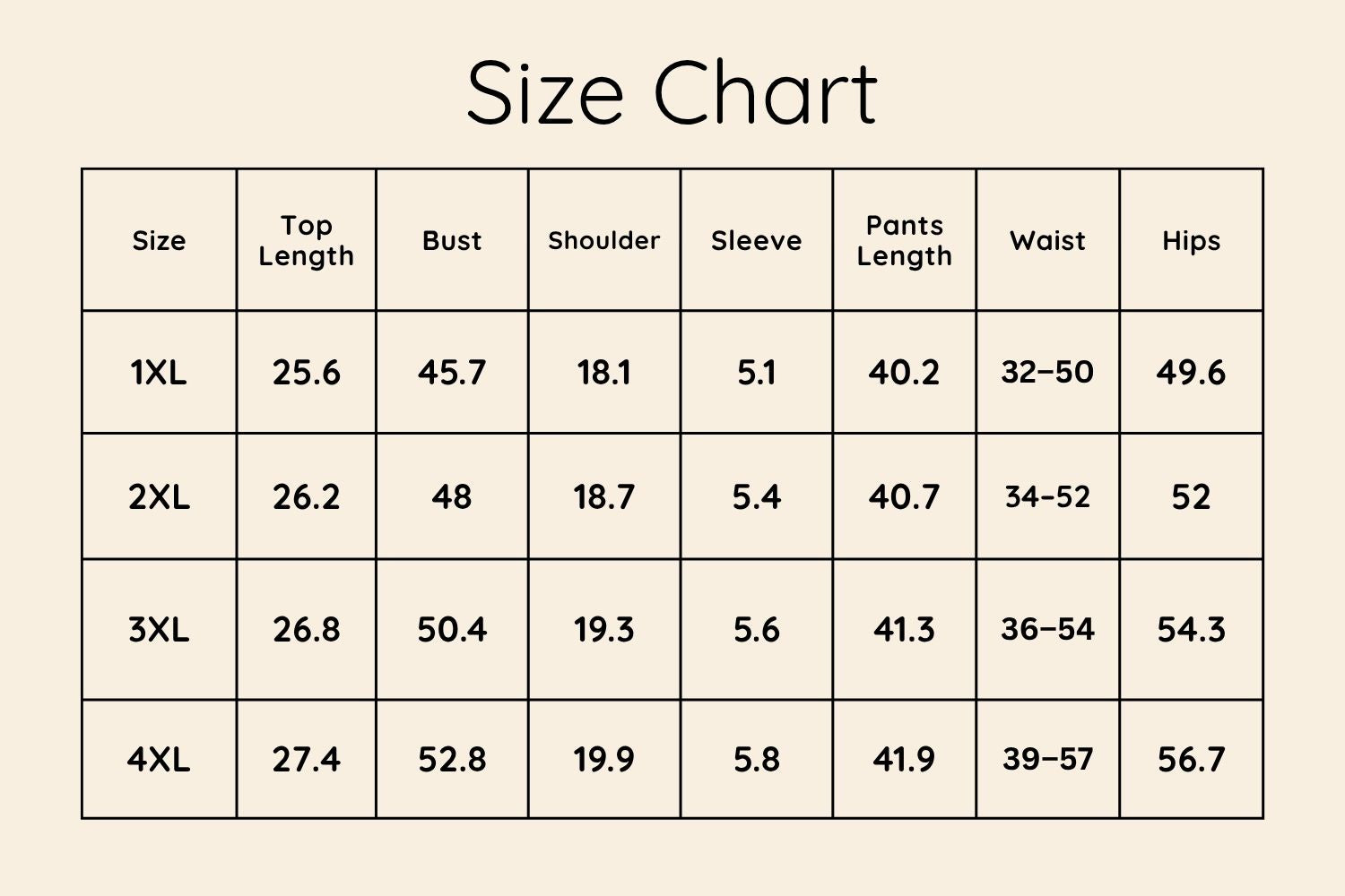 Size Chart Inches